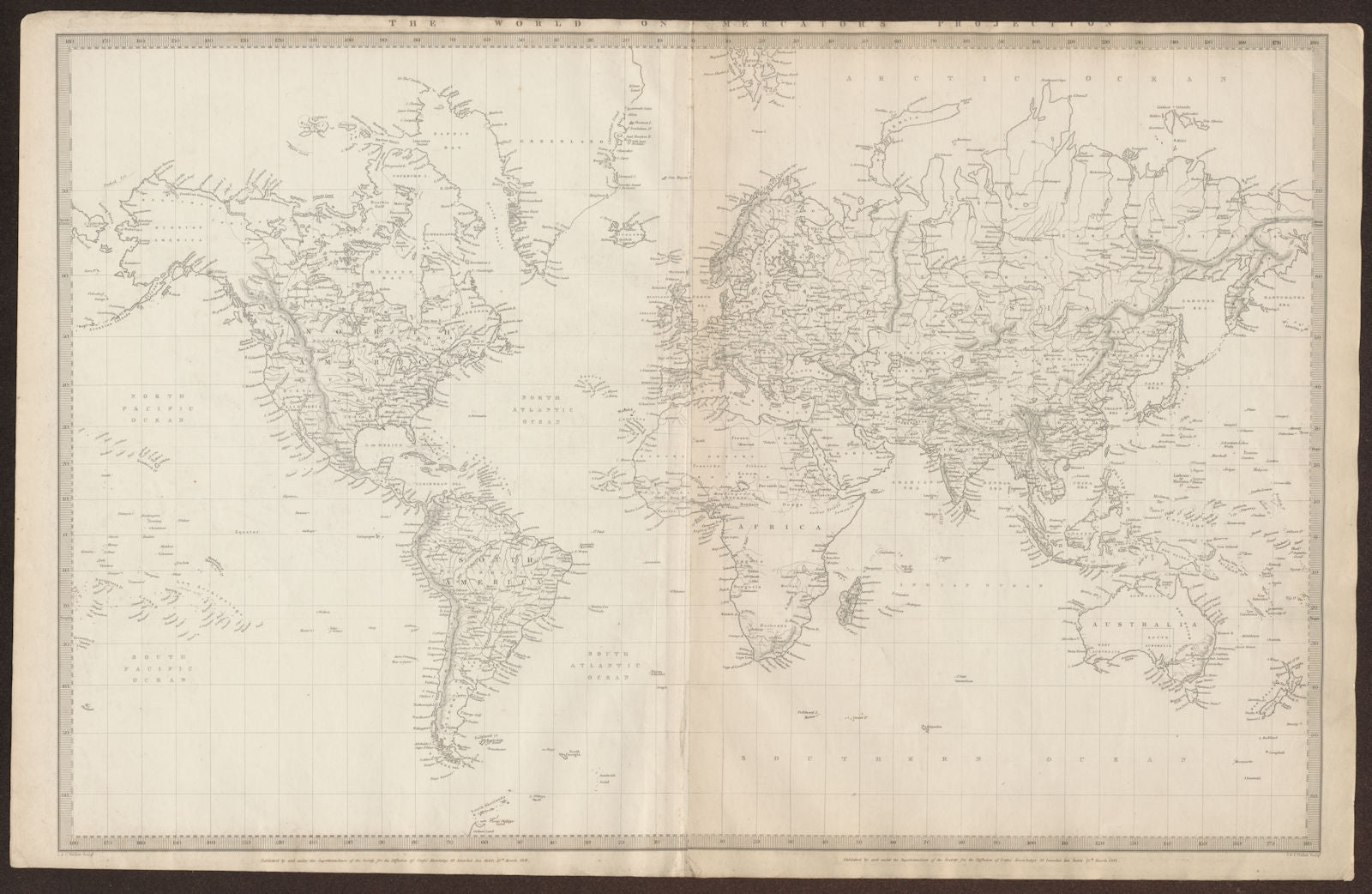 WORLD ON MERCATOR'S PROJECTION. Texas shown as Mexican. SDUK 1844 old map